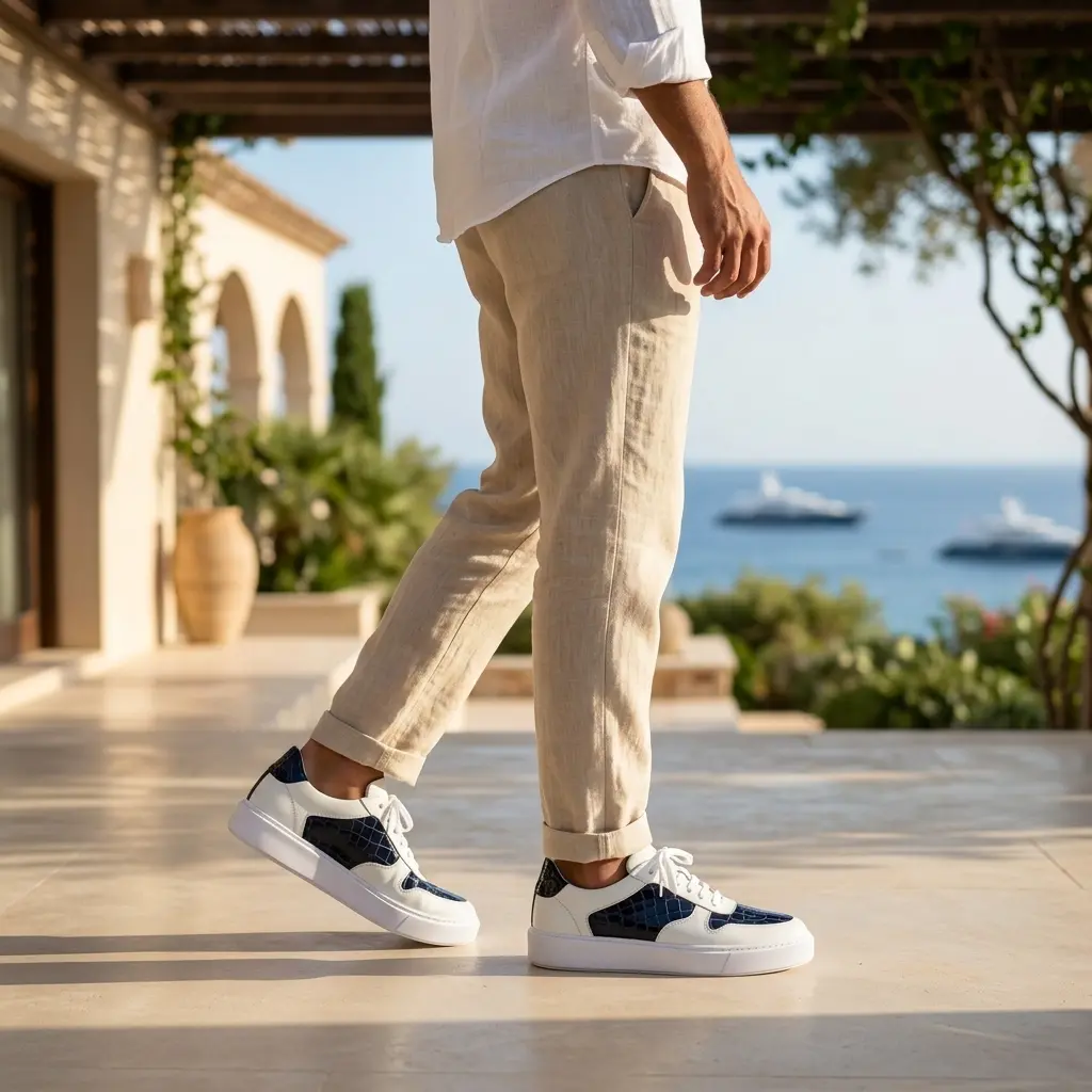 SNEAKO 01 portée avec une tenue estivale élégante face à la mer